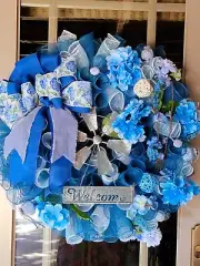 Wreath Everyday Deco Mesh Wreath BLUE HYDRANGEAS Handmade