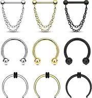 [CM Crareesi Mania] Septum Rings Pack 9PCS Chain Septum Jewelry 16G Horseshoe Barbell Spike Pincher Nose Piercing Jewelry for Women Men Septum Stretching Kit