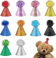 10 PCS Mini Birthday Party Hats for Stuffed Animals Toys Tiny Cone Party Hats with Pom Poms Reusable Holiday Glitter Party Crayon Hats Dolls S