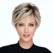 Short Blonde Wigs for Women Pixie Cut Blonde Wigs with Bangs Straight Layered Short Hair Wigs Natural Looking Synthetic Light Blond Wigs