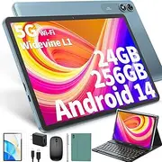 JJGJ Android 14 Tablet with Keyboard, 10 Inch with 24GB + 256GB, 1TB Expand, 8-Core, 8000mAh, 5G WiFi, Widevine L1, GMS, Face Detection, 2-in-1 Tablet with Keyboard, Mouse, Stylus (Green)