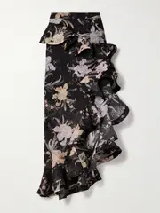 [Zimmermann] Zimmermann - Eden Waterfall Asymmetric Ruffled Floral-print Linen And Silk-blend Midi Skirt - Black - 0 0 Black