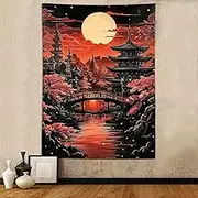 Sanzugh Anime Japanese Tapestry, Cool Japan Black and Red Sun Nature Forest Pink Cherry Blossom Art Vertical Tapestries Wall Hanging for Men Boys Bedroom Room Decor 40X60 Poster