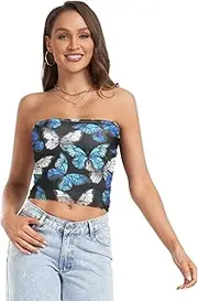 [GuoChe] Womens Tube Top Realistic Blue White Safari Butterflies Elastic Bandeau Tube Top Shapewear for Lady Sports