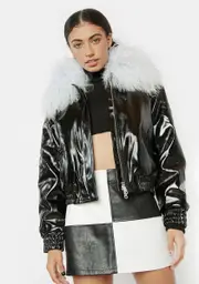 [No Dress] Blue Mongolian Fur Collar Leather Bomber Jacket