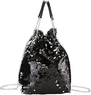 [Generic] Women Drawstring Bucket Bag Tote Shoulder Handbag Clutch Bag Reversible Mermaid Sequin Chain Crossbody Handbags