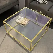 Glass Coffee Table Modern Center Table,Minimalist Coffee Table Sofa Side Tea Table for Living Room,Tempered Glass-top with Sturdy Metal Frame, Easy Assembly,26.7 x 26.7 x 15.7 Inches, Gold