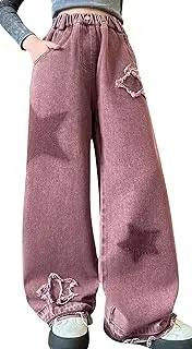 [Panegy] Girls' Baggy Jeans Straight Wide Leg Denim Trousers High Elastic Waist Washed Patchwork Pentagram Cargo Distressed Trousers