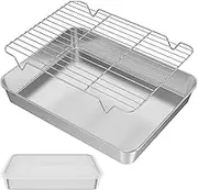 Baking Tray with Rack and Lid Food Grade Stainless Steel Baking Pan with Cooling Rack Rectangle Toaster Oven Baking Pans Dishwasher Safe Non-Stick Baking Sheet for Roasting Grilling Baking (Size 2)