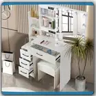Dressing Table Stool Set With Mirror 10 LED Bulbs 7 Storage Shelves Vanity Table