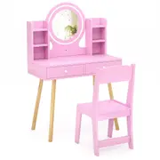 Babyjoy Princess Vanity Desk Set w/Open Storage Shelves & Pine Wood Legs Makeup Desk & Chair Pink