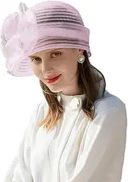 [HIMESPORT] Floral Derby Fascinators Hats for Women Ladies Wedding Tea Party Fedora Hat Floppy Sun Cap Pink, Pink, Medium