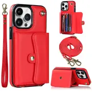 For iPhone 14 Pro Card Holder Phone Cover Accordion Phone Case with Short Strap and Long Strap