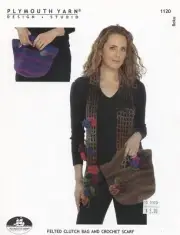 Plymouth Yarn Pattern 1120 Knit Felted Clutch Bag & Crochet Scarf, Flowers