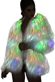 [SZTOPFOCUS] Women Faux Fur Outwear Winter Light Up Burning Glow Fluffy Sparking