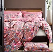 Eikei Botanical Garden Duvet Cover Washed Brushed 100-percent Cotton Bedding Set Asian Chinoiserie Print Colorful Tropical Tree Branches and Birds Floral Pattern (Queen, Marsala)