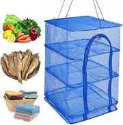 EZONEDEAl Hanging Drying Dry Rack Net Drying Rack 4 Layers Folding Fish Mesh, Foldable Nylon Netting, Hanging Drying Fish Net, for Shrimp Fish Fruit Vegetables Herb, with Zipper Opening-Blue