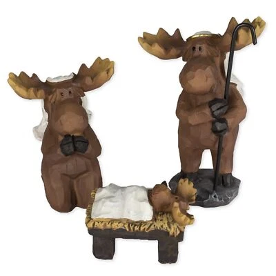 3 Piece Moose Holy Family Resin Christmas Nativity Set