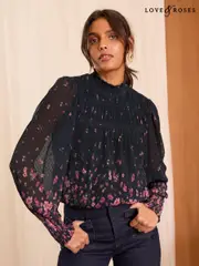 Love & Roses Black and Pink Floral Print Plisse Mesh Long Sleeve Jersey Blouse (AD6977) | $62