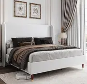 [Jocisland] Queen Upholstered Platform Bed Frame with 51.2" Tall Wingback Headboard–Solid Wood Legs, No Box Spring Needed, White Linen–Modern Style for Any Bedroom