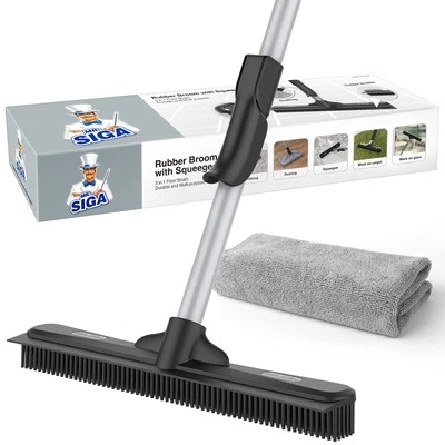 Pet Hair Removal Rubber Broom with Squeegee Adjustable Handle 3-in-1