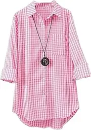 [Generic] Women's Spring Cotton Linen Long Sleeves Roll Up Striped Casual V Neck Button Down Shirts Blouses Collar Tunic Tops