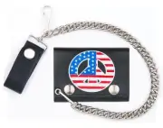 GENUINE LEATHER USA PEACE SIGN TRI-FOLD MEN WALLET W SNAP ON CHAIN GI581 US