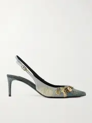 [Dolce & Gabbana] Dolce & Gabbana - Embellished Frayed Distressed Denim Slingback Pumps - Light denim - IT40 IT 40 Blue