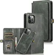 Cavor for iPhone 14 Pro Max Wallet Case,2 in 1 Magnetic Detachable Case Leather Flip Cover with Stand Feature & Card Slots & Wristlet Strap (6.7")-Green