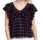 Faherty Yosepha Ivy Black Plaid Blouse Short Sleeve Fringe Preppy Peasant Medium
