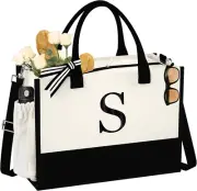 Initial Canvas Tote Bag - Reusable Grocery Bags, Birthday Gifts Basket for Bride