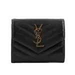 【YSL】山形紋荔枝皮金字LOGO三折短夾(黑色)