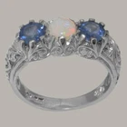 925 Sterling Silver Natural Opal & Sapphire Womens Trilogy Ring