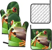 4 pcs Oven Mitts and Pot Holders Set 500°F Heat Resistant Oven Gloves and Hot Pads Kitchen Mittens Cute Frog Cooking Gloves Potholders for Baking Grilling