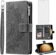 Asuwish Phone Case for Samsung Galaxy S23 Plus S23+ 5G Wallet Cover with Tempered Glass Screen Protector Mandala Flower Flip Zipper Card Holder Cell S23plus 23S + S 23 23+ SM-S916U 6.6 inch Grey