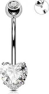[OUFER] 14G 8/10/12/14/16 mm Titanium Belly Piercing Balls Extra Long or Short Internal Thread, Transparent Heart-Shaped Belly Piercing Ring, 1.6 mm, Women's Men's Jewellery