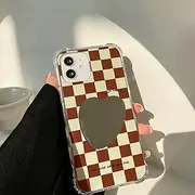 Juuui Checkered Red and White Case for iPhone 12 mini - Heart Shaped Mirror, Unique Design, Corner Protection, Stylish Slim Fit, Shockproof Cover for Women and Girls