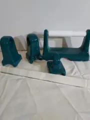 Vintage Teal Porcelain Toilet Paper Holder, Towel Holder, Robe Hook Never Used