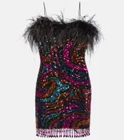 [Rebecca Vallance] Rebecca Vallance Kiki sequined feather-trimmed minidress UK 6 multicoloured