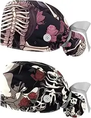 [YTYVAGT] 2-Pc,Nurse Scrub Caps,Scrub Hats with Buttons and Cotton Sweatband,Abstract Skull Skeleton Art Pattern