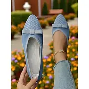 Women's Light Blue Flyknit Pointed Toe Flats with Bow - Breathable Casual Ballet Shoes for Ladies and Teens, Ideal for Spring, Garden Walks, and Daily Wear