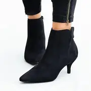 Women's Black Faux Suede Ankle Boots with Pointed Toe Kitten Heel - Elegant Casual Evening Footwear for Office Special Events