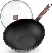 Carbon Steel Wok Pan, 13 Inch Wok Pan with Lid Woks, Nonstick Woks and Stir-Fry Pans, No Chemical Coated Flat Bottom Chinese Wok for Induction, Electric, Gas Stove, All Stoves