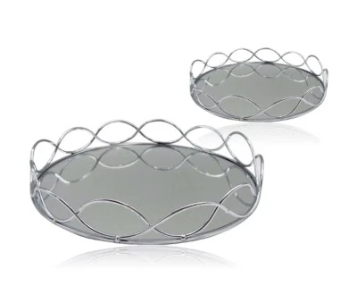 SET 2 ROUND SILVER MIRROR TRAY FRUIT PLATTER SERVING HOLDER 30X5CM