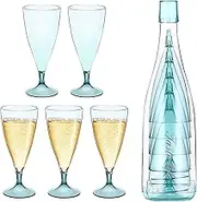 5 Pcs Stackable Champagne Glasses Set, Reusable Unbreakable Wine Flutes with Bottle Container, Shatterproof Elegant Transparent Stemmed Goblet Barware, Perfect for Party, Wedding, Birthday (Blue)