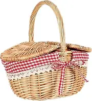 Sewroro Wicker Picnic Basket Natural Woven Basket with Lid and Handle Storage Baskets with Removable Liner for Picnic Camping