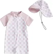 [Dewadbow] Baby Boy Girl Swimsuit Toddler Checkered Print Half Zip One Piece Bathing Suit Swimsuit Rash Guard Surfing Suit Hat