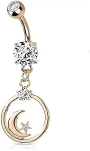 [PiercedOff] 316L Surgical Steel Belly Bar with 2 Clear CZ Gems and a Crescent Moon and Star Dangle