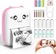 Portable Mini Printer, Pocket Thermal Printer with 13 Rolls Thermal Printing Paper USB Cable for Notes Photo Web Document Printing（Pink） (Pink)