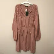NWT Cotton On Long Sleeve Jacinta Smock Dress Size M Rose Pink Lace Boho Tassel